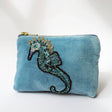 Cornflower blue velvet coin purse with seahorse by Cream Cornwall
