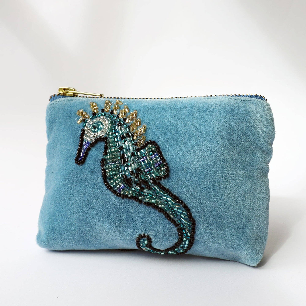 Cornflower blue velvet coin purse with seahorse by Cream Cornwall