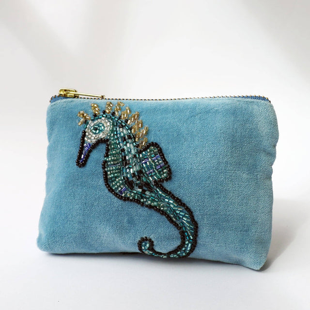 Cornflower blue velvet coin purse with seahorse by Cream Cornwall