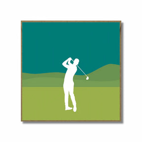 The Fore Golf Greetings Card features a white silhouette of a golfer mid-swing on a green field with rolling hills, set against a teal sky—a minimalist illustration perfect for golf lovers.