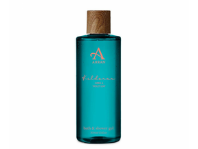 A 300ml blue bottle of Kildonan Bath & Shower Gel from ARRAN Sense of Scotland, featuring a wooden cap and a label that reads “Kildonan Orris & Violet Leaf,” evoking the refreshing spirit of the Isle of Arran.