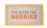 Talking Tables The More the Merrier framed fabric wall sign with pink checks, turquoise wavy border and blue stripes.