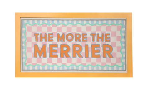 Talking Tables The More the Merrier framed fabric wall sign with pink checks, turquoise wavy border and blue stripes.