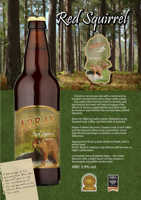 A bottle of Arran Red Squirrel Beer is set against a forest backdrop, with its tasting notes—malty hops, rich flavor, distinct aroma, and vibrant appearance—featured on the right.